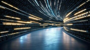 A tunnel with many lights and a long hallway photo