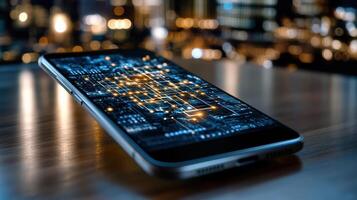 Smartphone with digital circuit board on table photo