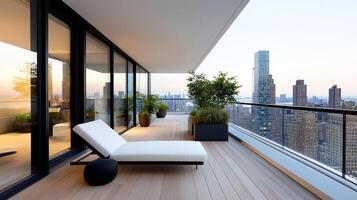 A balcony with a view of the city skyline photo