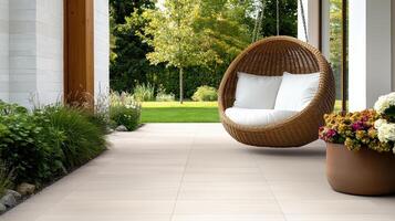 A white wicker chair sits on a patio photo