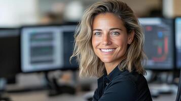 A woman sitting at a desk in front of multiple computer monitors photo