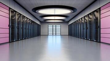 A long hallway with pink walls and black servers photo