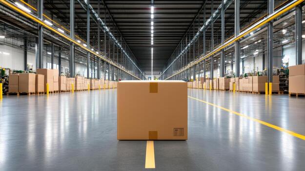 A large warehouse with boxes on the floor photo