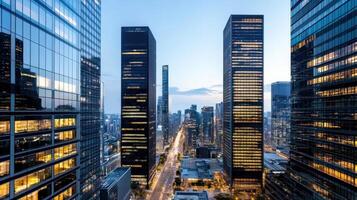 A city street with tall buildings and lights at dusk photo