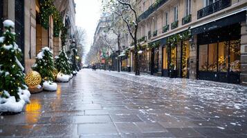A snowy street lined with christmas trees and decorations photo
