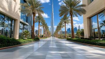 A walkway in front of a tall building with palm trees photo