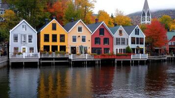 Colorful houses line the water in front of a mountain photo