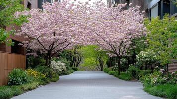 A walkway lined with trees and flowers photo