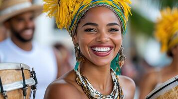 A woman with a drum in her hand smiling photo