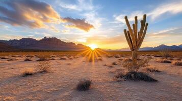 Sunset in the desert with cactus and mountains photo