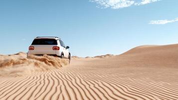 A white suv driving through the desert photo