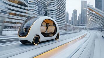 A futuristic car is driving down a city street photo