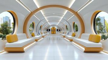 A futuristic looking train with white and yellow seats photo