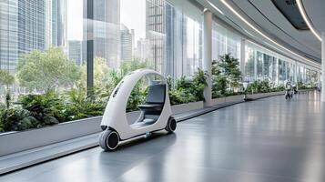 A futuristic electric car is parked in a large building photo