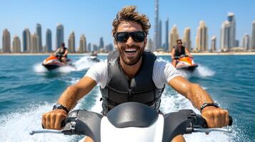 A man on a jet ski in the ocean with a city skyline in the background photo