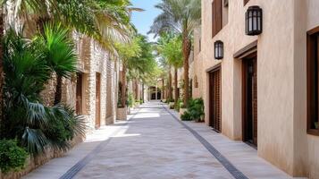 A walkway lined with palm trees and stone walls photo