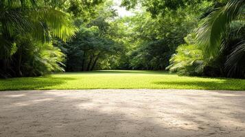 A sandy path surrounded by green trees and grass photo