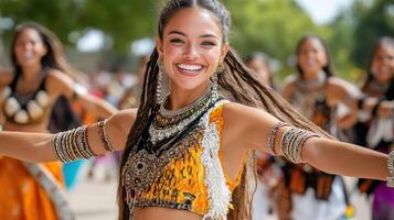 A woman in a colorful outfit is smiling and dancing photo