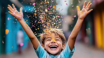 A boy is throwing confetti in the air photo