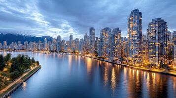 The city of vancouver is lit up at night photo