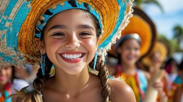 A smiling girl wearing a colorful hat and smiling photo