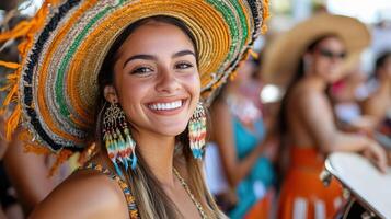 A woman wearing a sombren hat and smiling photo
