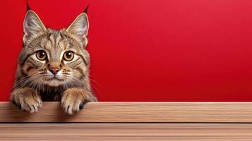 A cat peeking over a wooden table photo