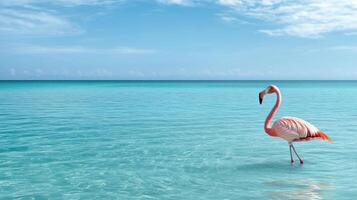 A flamingo standing in the ocean with clear water photo