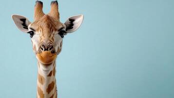 A giraffe with its tongue out on a blue background photo