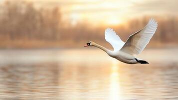 White swan flying over the water at sunset photo