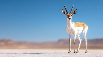 A gazelle standing in the desert with a blue sky photo