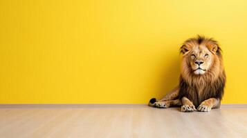 A lion sitting in front of a yellow wall photo