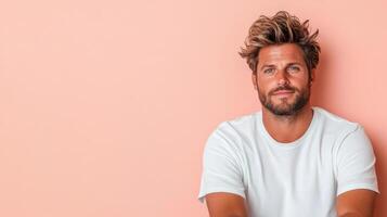 A man with a beard and white t - shirt sitting on a pink wall photo