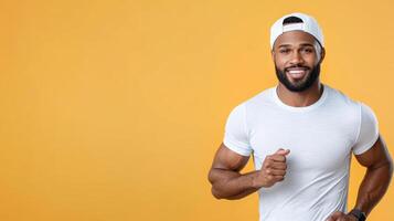 A man in a white t - shirt and hat is smiling photo