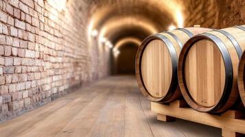 Three wine barrels in a tunnel with brick walls photo