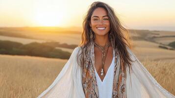 A woman in a field with her arms outstretched photo