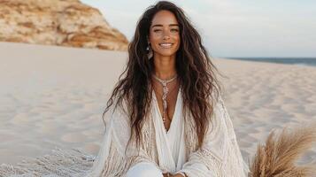 A woman in white sitting on the beach photo