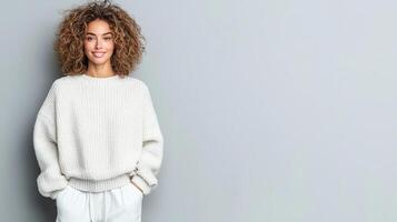 Smiling woman in white sweater and pants photo