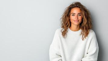 A woman in a sweater is smiling photo
