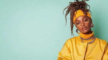 A woman with dreadlocks wearing a yellow jacket photo