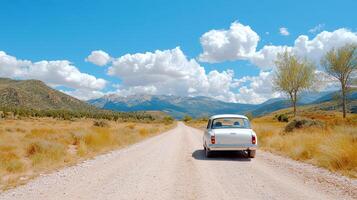 A white car driving down a dirt road photo