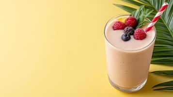 A smoothie with berries and raspberries on a yellow background photo