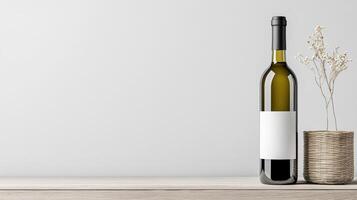 A bottle of wine and a wicker basket on a table photo