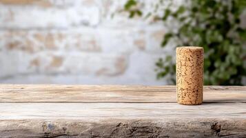 A cork on a wooden table with a plant in the background photo