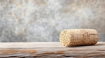 A cork on a wooden table with a gray background photo