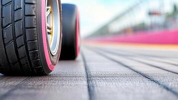 A close up of a tire on a race track photo