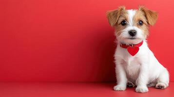 A small white and brown dog with a red collar photo