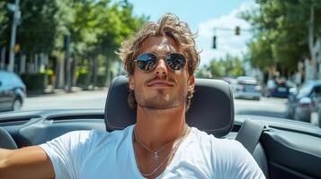A man in sunglasses driving a car photo