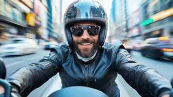 A man in a leather jacket and sunglasses riding a motorcycle photo