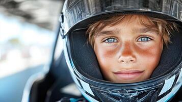 A young boy wearing a helmet and looking at the camera photo